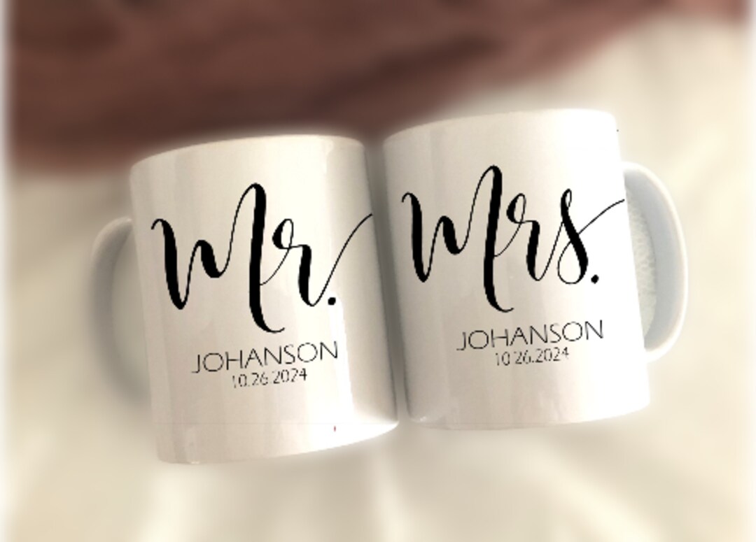 Mr. and Mrs. Mug Set, His and Hers Gift, Bride Gift, Personalized Ceramic Mugs for Couple